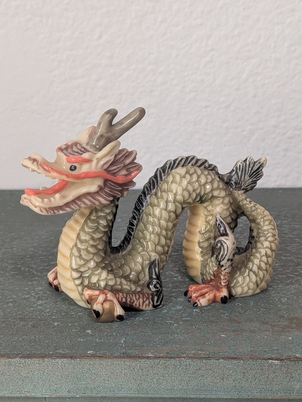 Vintage Chinese One Horned Dragon Mid-Century Resin Celluloid Like Figurine